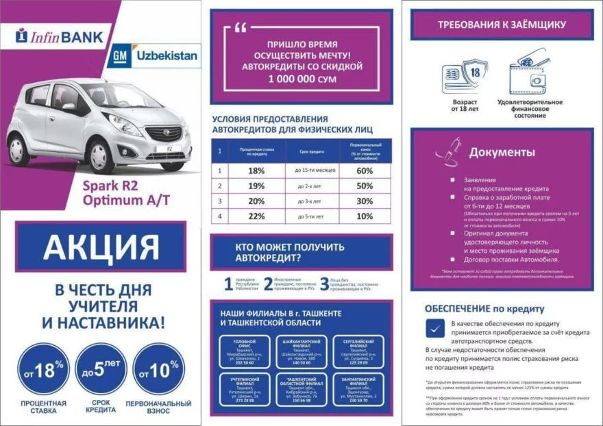 GM Uzbekistan запустила автокредитование и раздает миллион сумов каждому покупателю - 1 условия автокредита на авто GM Uzbekistan от InfinBank