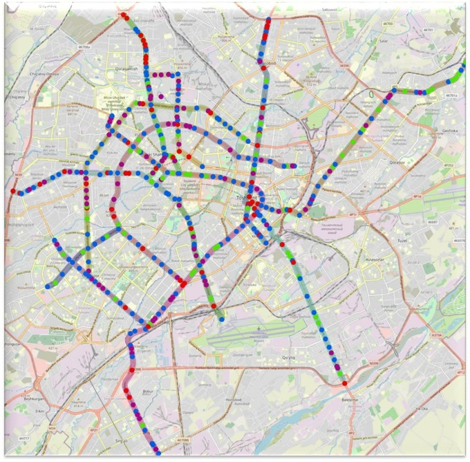 Карта выделенных полос для автобусов в Ташкенте