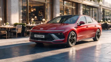 Красная Hyundai SONATA спереди сбоку