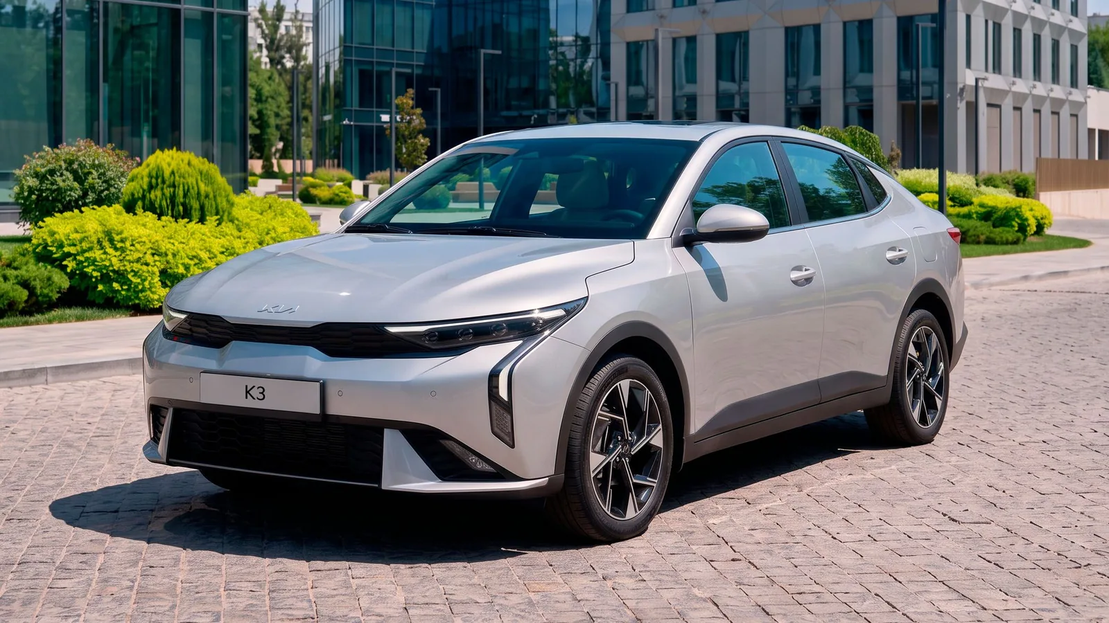 Kia K3 в рассрочку и в кредит: взнос и ежемесячный платеж - 1 Серебристый седан Kia K3 спереди сбоку на брусчатке у стеклянного офисного здания