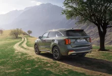 Темно-зеленый Kia Sorento сзади сбоку на грунтовой дороге в горах рядом с деревом