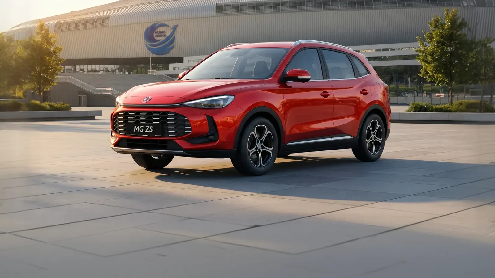 MG ZS в Узбекистане: цена и технические характеристики - 1 MG ZS красного цвета на площади у арены в Ташкенте
